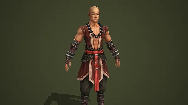 穿酒红劲装的光头武僧古风男性游戏角色模型