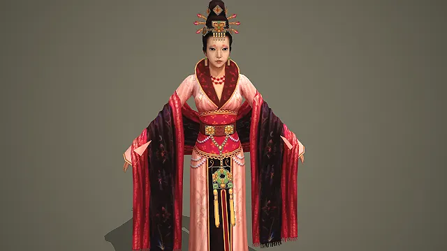 身着红黑宫装的古风华贵女眷游戏角色模型