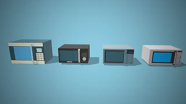 一组低多边形卡通风格的3D微波炉模型集合