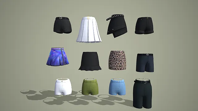 百褶裙与豹纹短裤及多色毛边裤裙十二件套 3D 模型