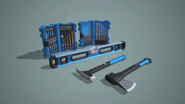 蓝黑配色批头钻套组、水平尺与斧锤工具组合 3D 模型