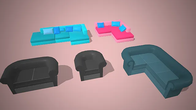 一组卡通风格的3D客厅场景沙发模型集合