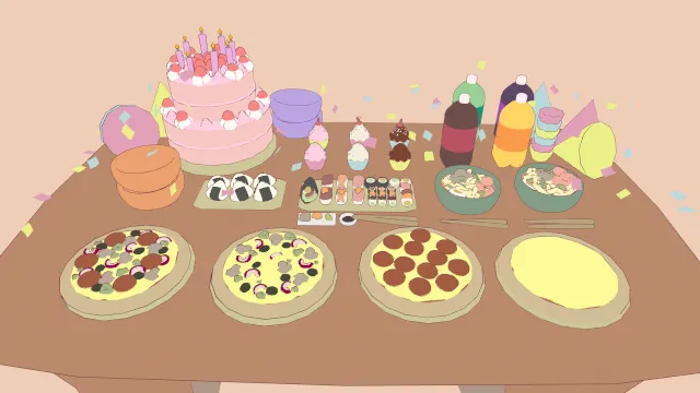 卡通风格化生日自助餐披萨蛋糕饭团寿司饮料食物