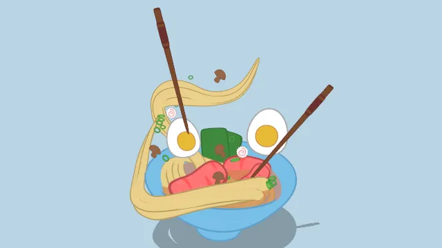 卡通风格化的拉面碗有筷子食物