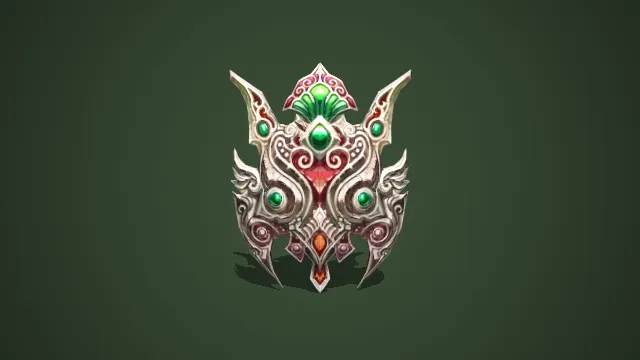 卡通风格银质嵌绿宝石云纹雕花国风盾牌 3D 道具模型