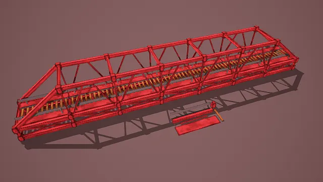 卡通风格3D红色桁架桥模型，创意设计（卡通红色桁架桥、3D模型、红橙主色调、桁架桥造型、金属框架结构）