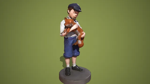 复古男孩抱狐狸人物雕塑装饰摆件