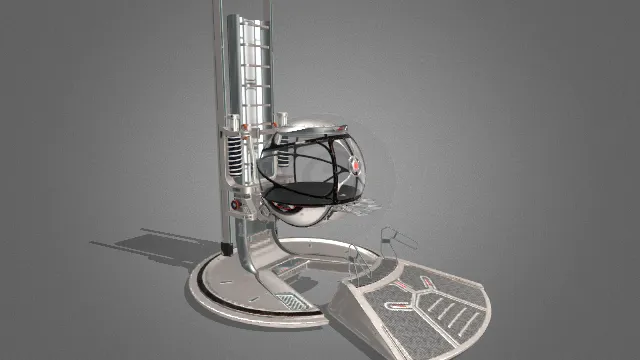 展示的是一个球形起降舱的3D模型，整体设计充满未来科技感，常见于科幻题材中的飞行器或太空舱场景。
