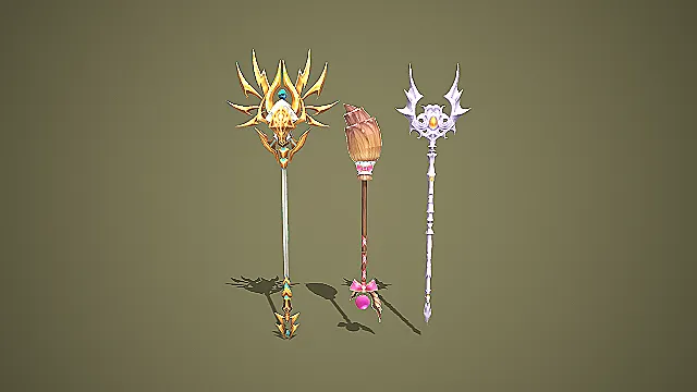 三款奇幻风格法师法杖 3D 模型 游戏武器道具资产