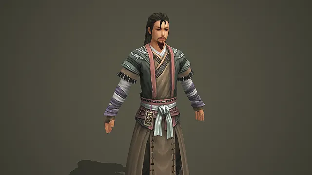 束发着褐绿长袍的古风江湖侠士游戏 3D 模型
