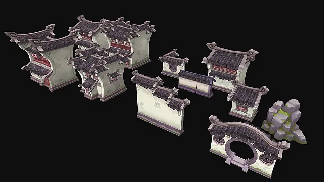 一组卡通风格中式建筑部件