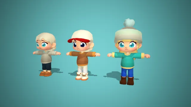 Q 版秋冬休闲卡通角色套装：萌系保暖风少年少女 3D 模型