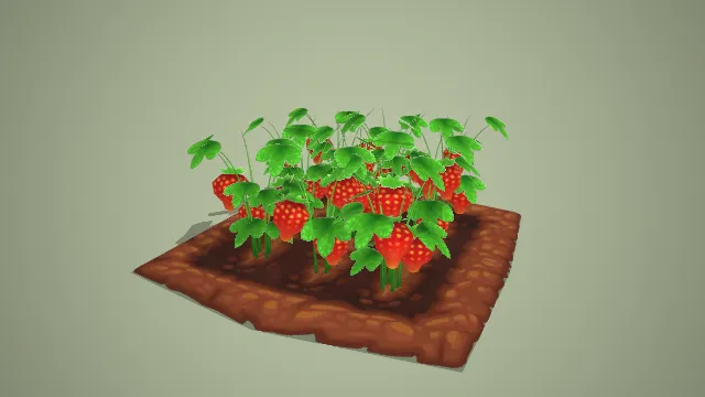 卡通方形菜地草莓盛果期 3D 模型 游戏农场种植道具资产