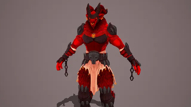 奇幻风格3D恶魔战士模型，创意设计（奇幻恶魔战士、3D模型、羊角恶魔造型、锁链装饰、骷髅腰带、盔甲与兽毛元素）