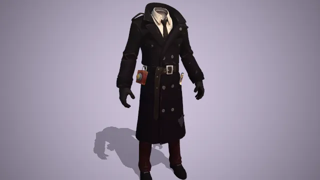 打了补丁的深色长款风衣，口袋有一张纸