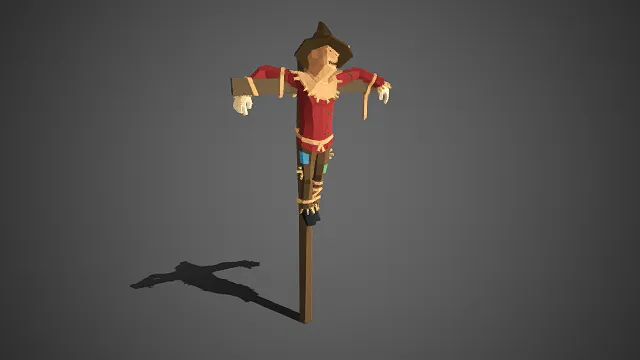 低多边形  稻草人  尖顶帽  缝线拼接  麻布质感  补丁  农舍装饰  功能性