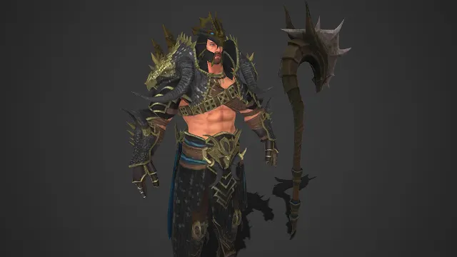 3D 角色模型  健硕男性  野性领主  龙纹尖角装饰  粗犷  长柄斧  领袖形象