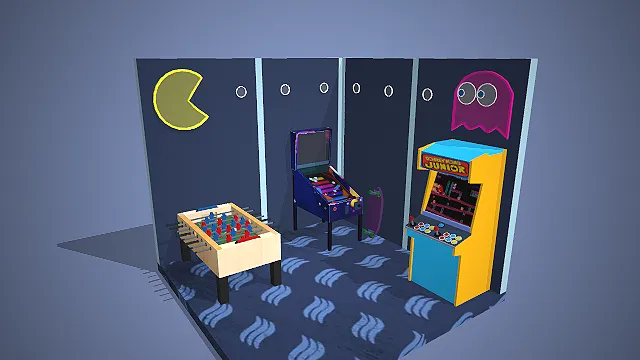 一个低模风格的3D复古游戏室模型，怀旧娱乐场景