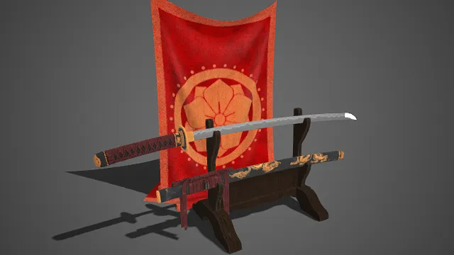 日式风格  3D 模型摆件  武士刀  红色织物旗帜  武具装饰  武士题材