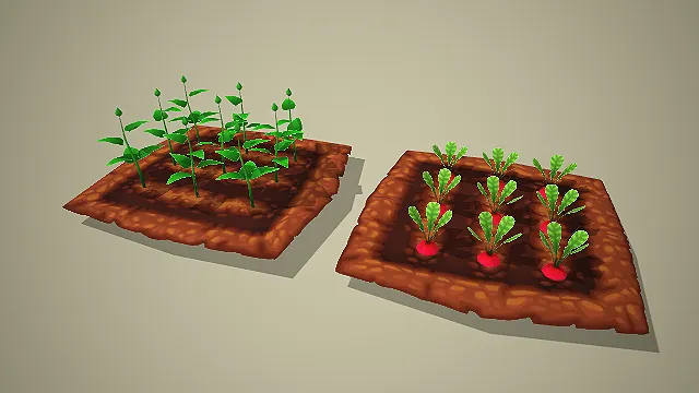 卡通两款菜地孕蕾作物与水萝卜成熟株 3D 模型 游戏农场道具