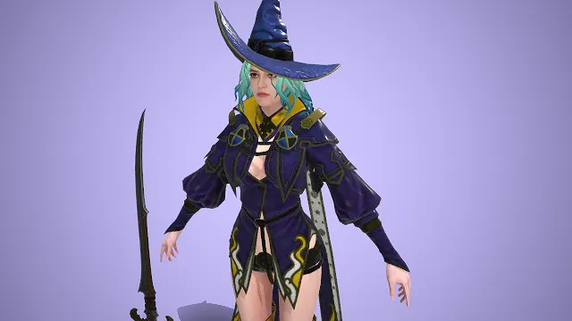 游戏女角色  尖顶帽造型  魔使   弯刀武器  紫袍巫姬  暗纹战装  奇幻魔法风格  华丽质感