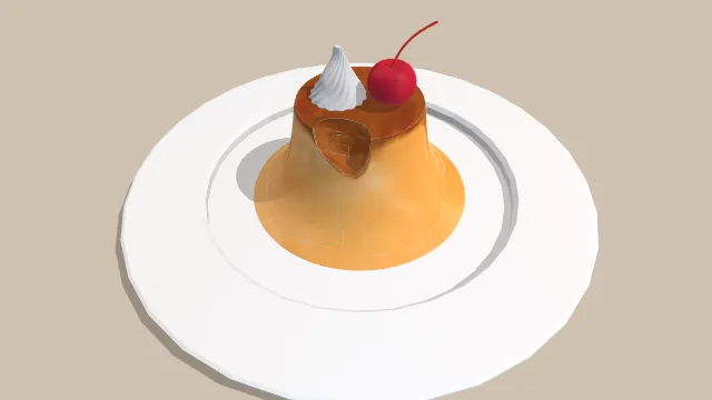 一盘樱桃奶油焦糖布丁甜品