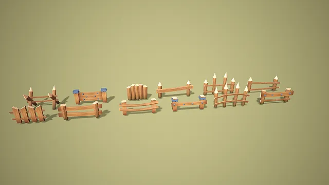 卡通风格全系列多款式木栅栏套装 3D 低多边形场景装饰模型