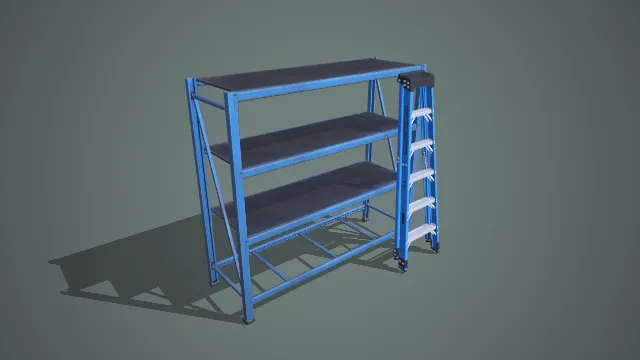 蓝调三层金属置物架与五步人字梯组合仓储工具 3D 模型