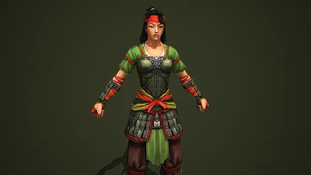 穿绿衣战甲的古风女战士游戏角色模型