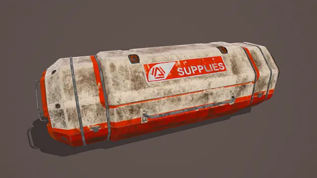 3D卡通风格红白灰系科幻补给箱模型，创意设计（3D补给箱、卡通风格、科幻工业风，物品设计主题）