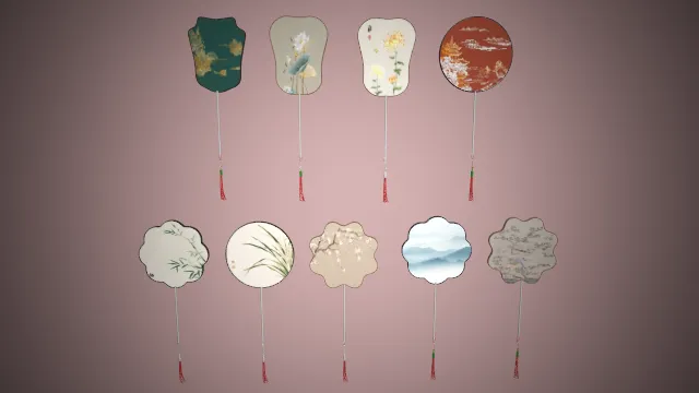 一个写实风格的3D中式团扇模型组合