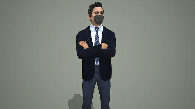 穿西装戴口罩抱臂站立的商务男性写实人物模型
