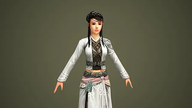 束发着浅灰襦裙的古风江湖女侠游戏 3D 模型