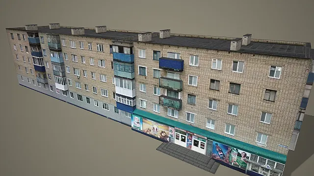 浅砖面多层居民楼带平顶底商多阳台 3D 模型