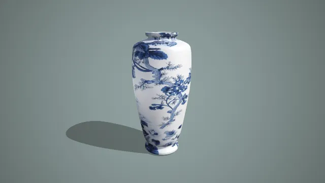 青花松竹花鸟纹直颈瓶写实瓷器 3D 模型