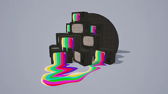 艺术风格老式电视机堆3D模型，创意设计（老式电视机堆、艺术风格、彩色流溢、故障艺术、创意元素 ）