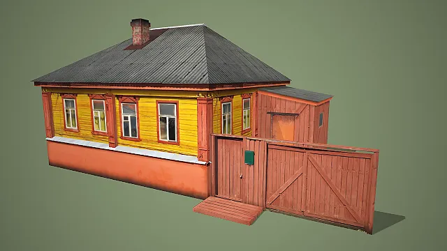 黄墙橙基配红饰窗及附屋、木围栏的复古乡村平房建筑 3D 场景模型