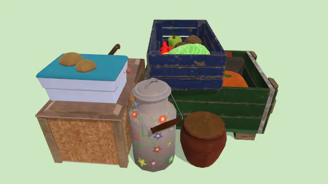 木箱子装的蔬菜水果有刀案板装东西的罐子铁桶食物