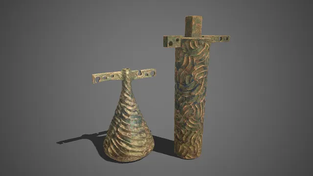 青铜质感  装饰器皿  立体曲线纹络  铜绿锈色  锥状瓶形  装饰性与艺术感  