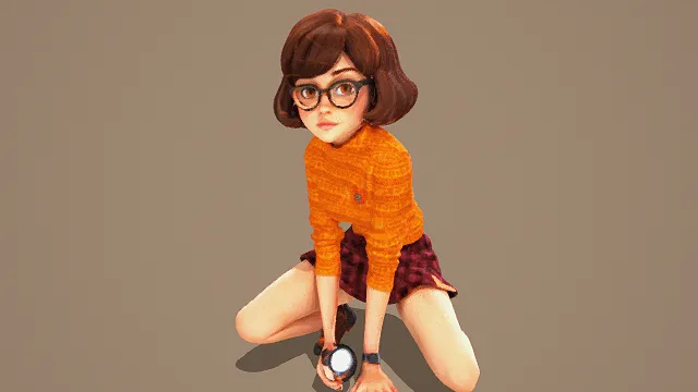 3D卡通风格女性角色模型，创意设计（3D角色、卡通风格、俏皮可爱，复古校园风，角色设计主题）