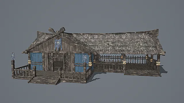 复古木质草顶带蓝纹装饰建筑3D模型