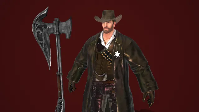 游戏男角色  西部警长  牛仔风战士  荒野元素  风衣  宽檐帽  星徽饰装  粗犷