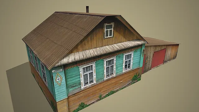 绿褐拼色配红门附屋及杂草的复古乡村民居 3D 模型