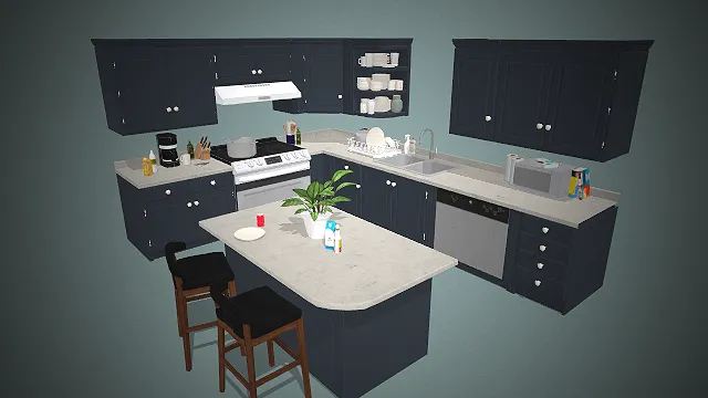 一套现代美式风格的L型开放式厨房3D模型