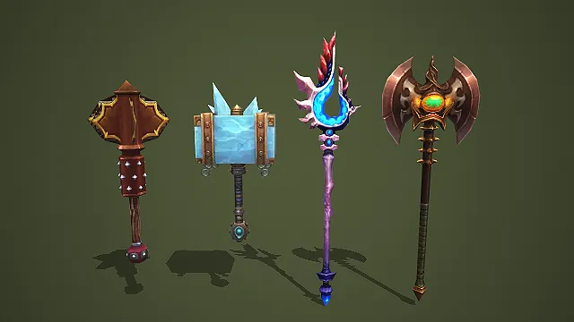 四款奇幻风格战斧法杖武器道具组合模型