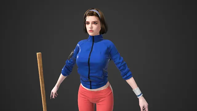 运动休闲  活力元气造型  游戏女角色  球棒武器  蓝红劲装  校园题材  日常穿搭  短发