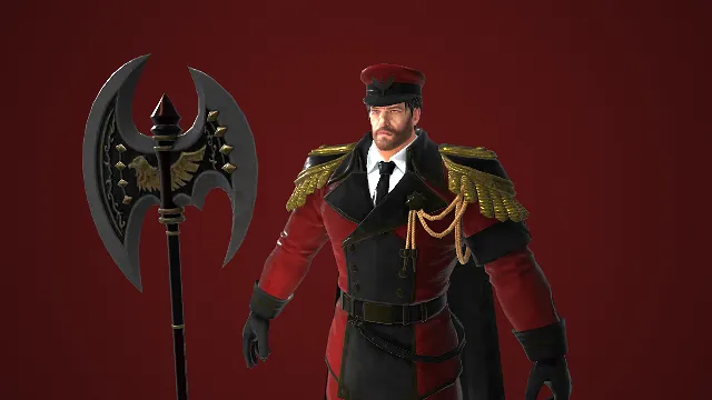 军装风格  红黑配色  披风  军官  装饰鹰纹巨斧  金色纹饰  华丽  
