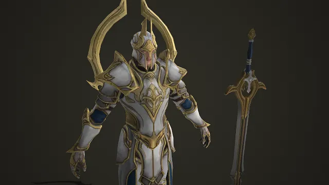  3D 角色模型  神圣战士  华丽铠甲  圣白鎏金主色调  神圣威严  华纹长剑  金纹设计