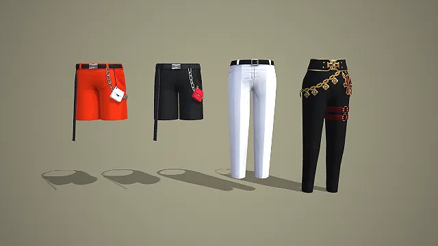 橙银挂饰短裤与白裤及十字装饰皮裤四件套 3D 模型