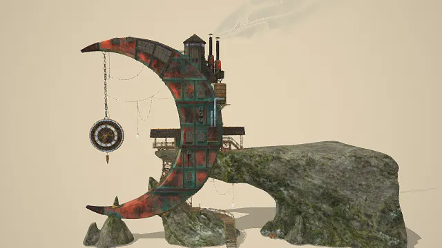 3D卡通风格蒸汽朋克月牙建筑模型，创意设计（3D建筑、卡通风格、复古蒸汽风，游戏场景设计主题）